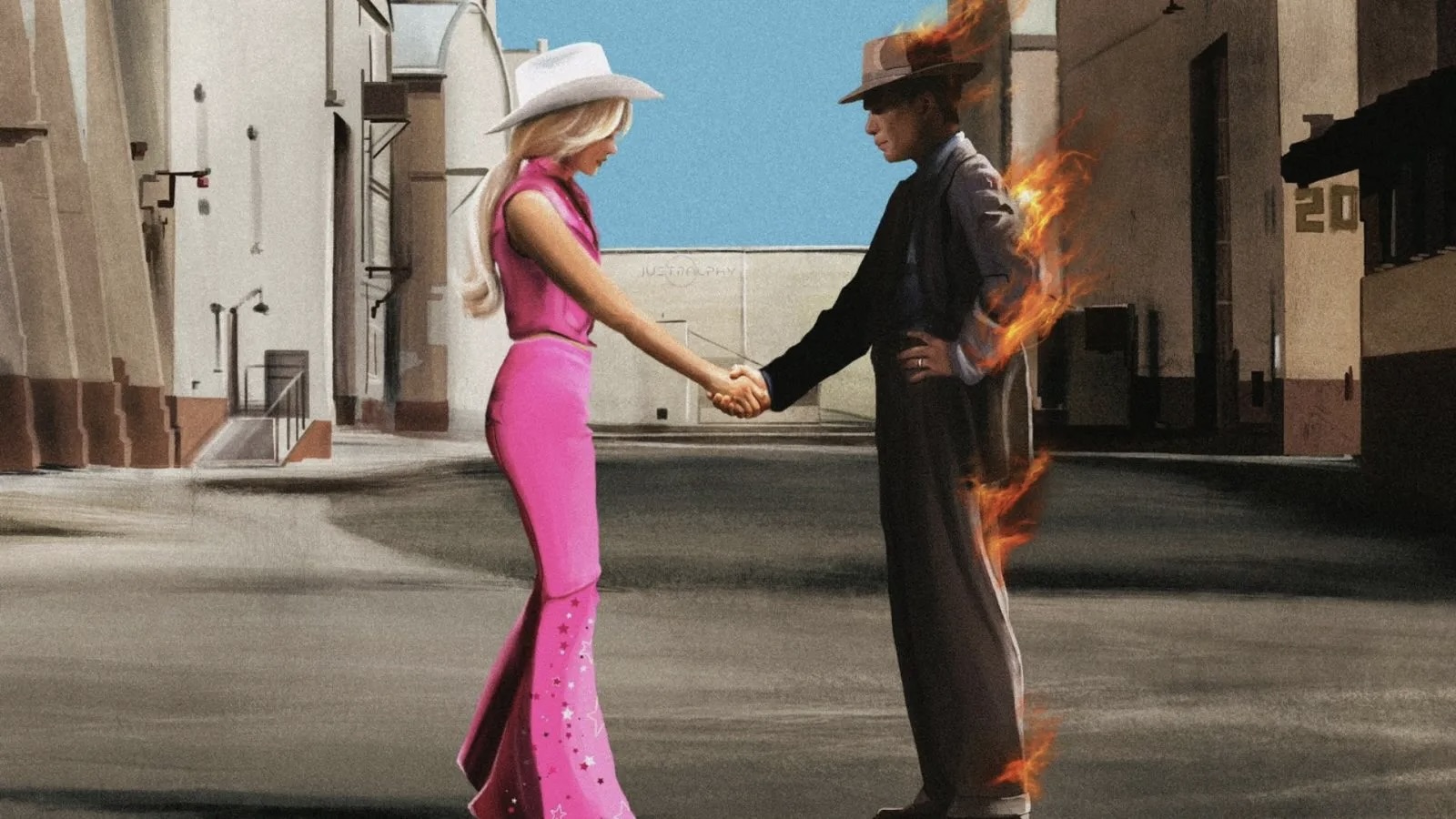 Una fan-art del Barbenheimer in stile Wish You Were Here