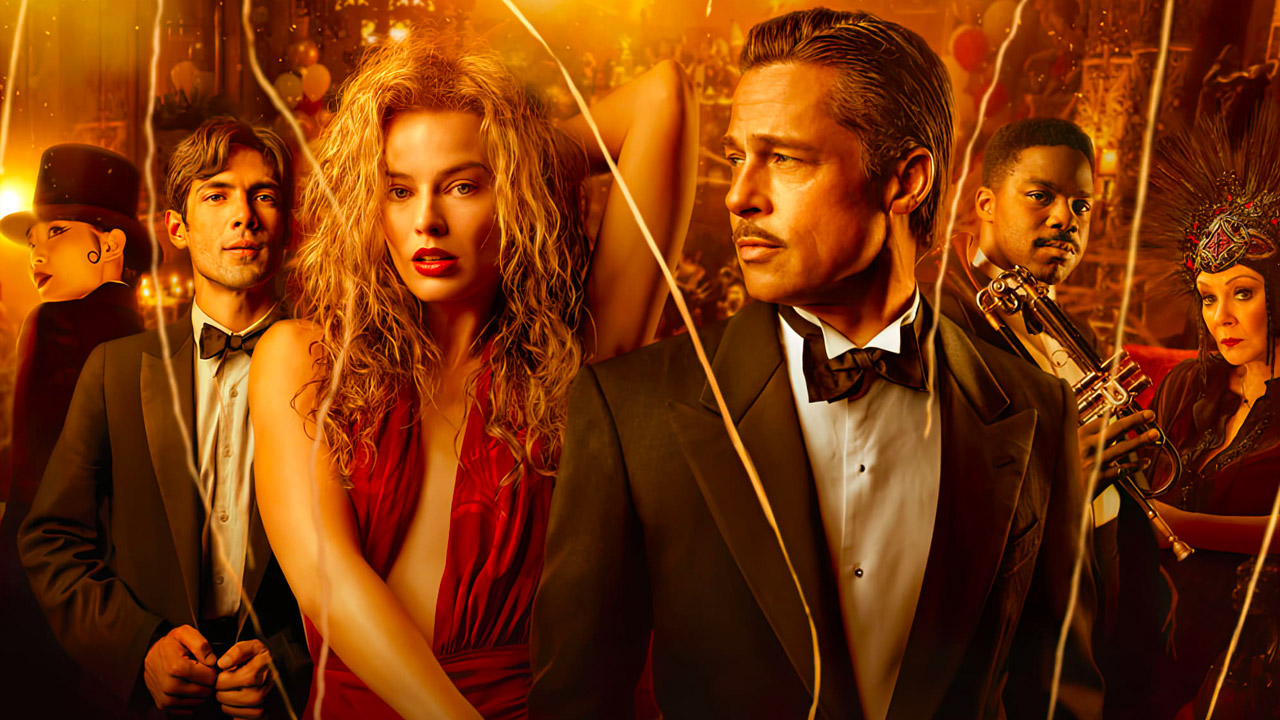 Li Jun Li, Diego Calva, Margot Robbie, Brad Pitt, Jean Smart e Jovan Adepo nel poster del film Babylon